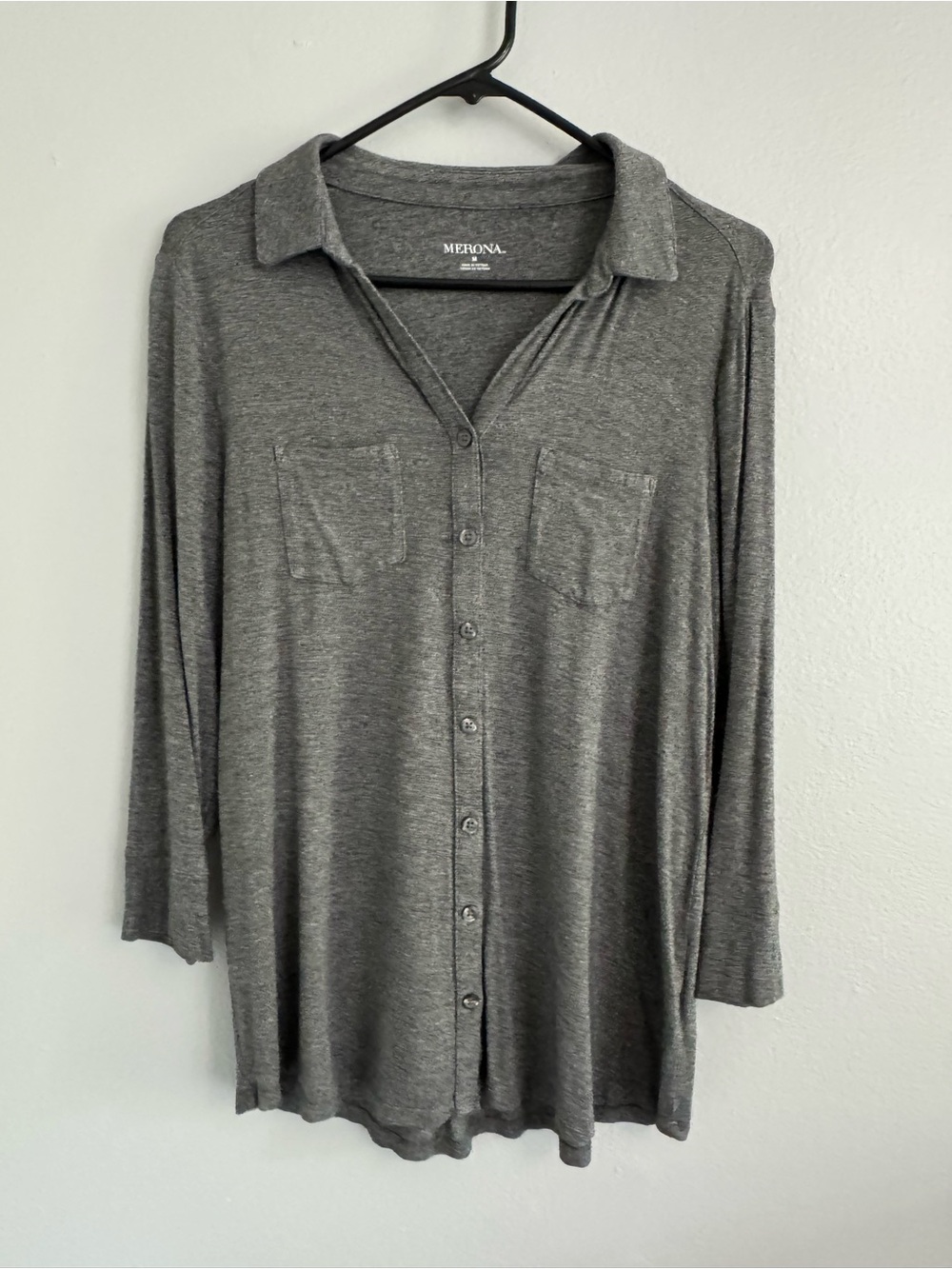 Merona Women’s Medium Gray Knit Stretch 3/4 Sleeve Button-Down Shirt